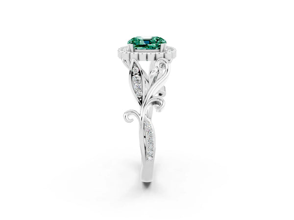 Platinum Cushion Cut Green Sapphire Halo Ring with Vintage Split Shank and Four-Prong Setting