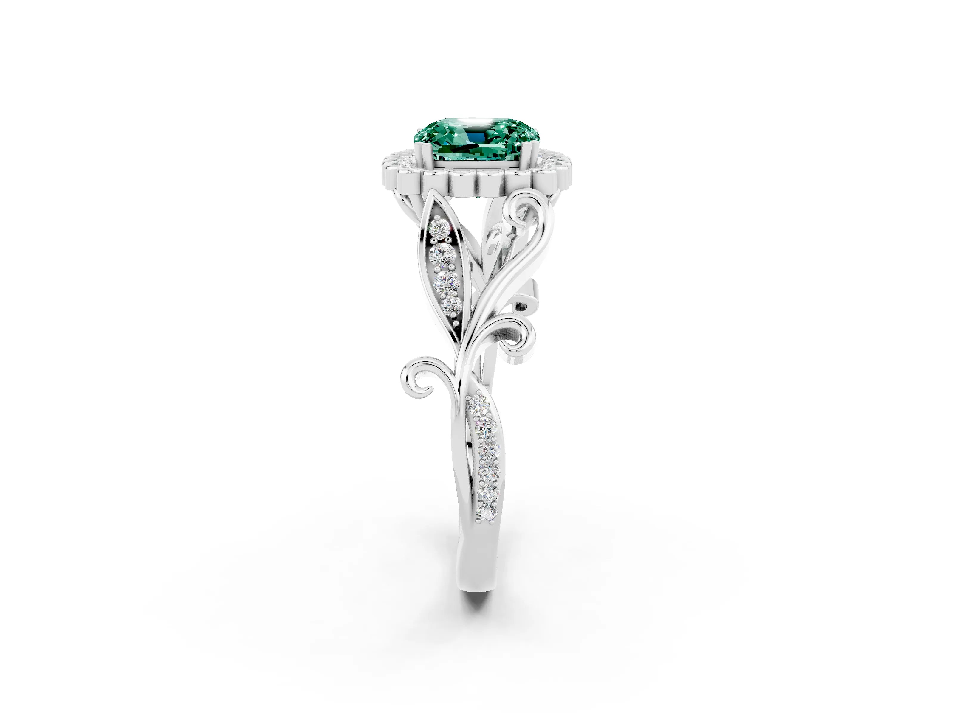 White gold Cushion Cut Green Sapphire Halo Ring with Vintage Split Shank and Four-Prong Setting_26