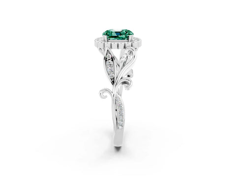 White gold Cushion Cut Green Sapphire Halo Ring with Vintage Split Shank and Four-Prong Setting_26