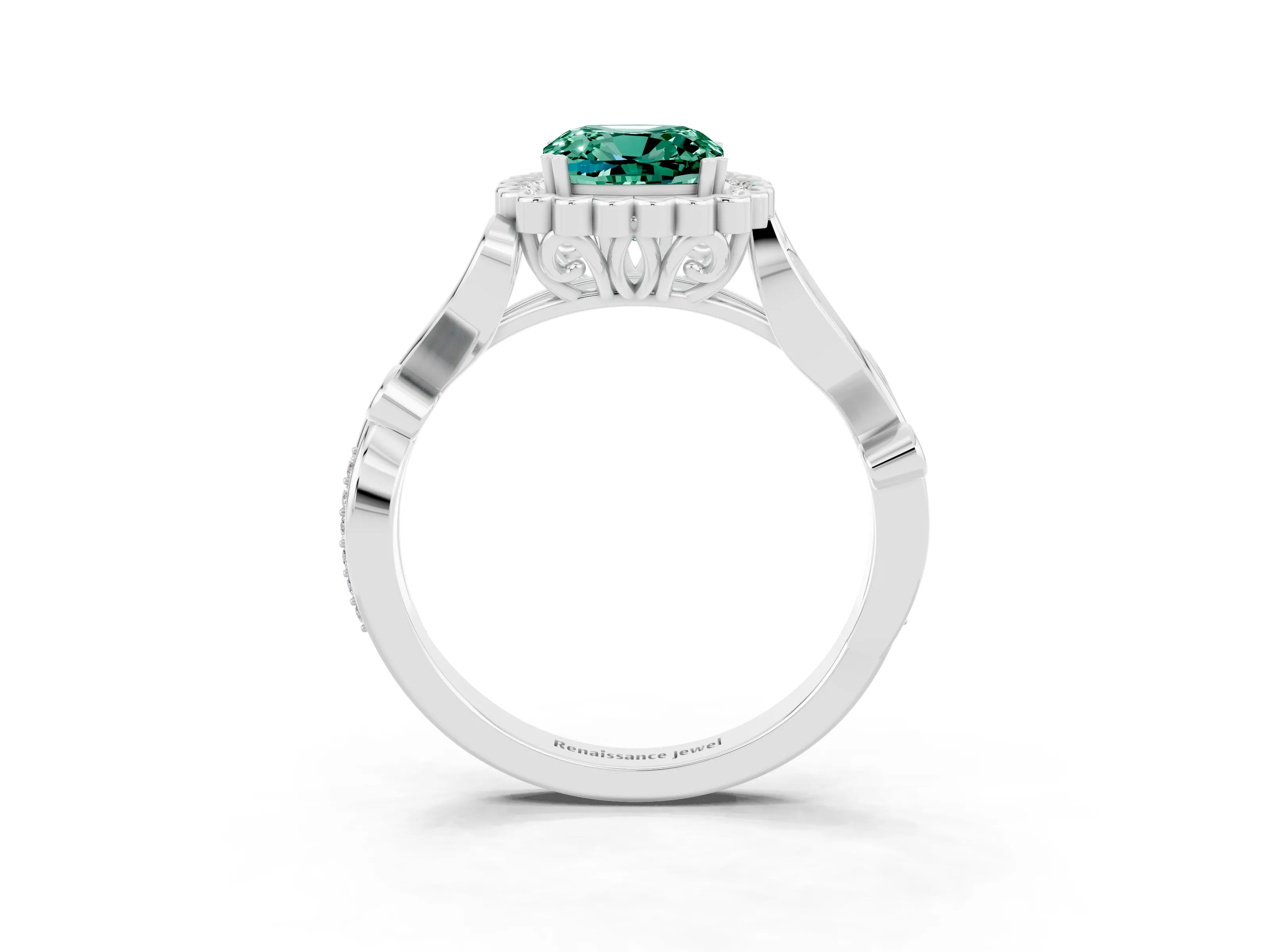 White gold Cushion Cut Green Sapphire Halo Ring with Vintage Split Shank and Four-Prong Setting_27