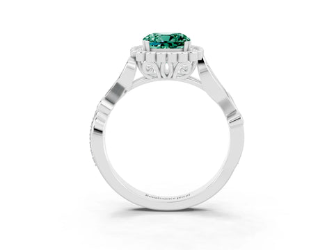 White gold Cushion Cut Green Sapphire Halo Ring with Vintage Split Shank and Four-Prong Setting_27