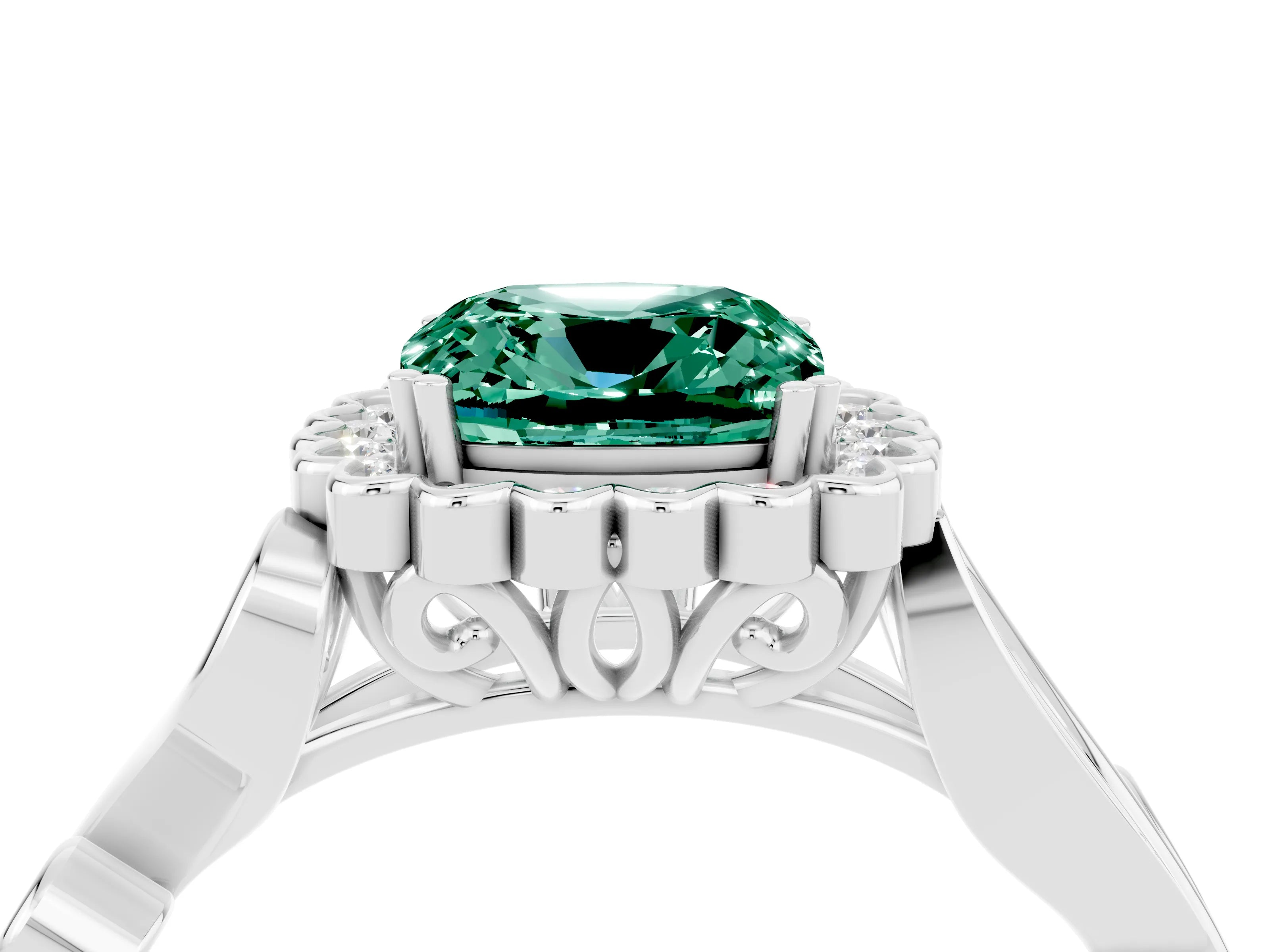 White gold Cushion Cut Green Sapphire Halo Ring with Vintage Split Shank and Four-Prong Setting_28
