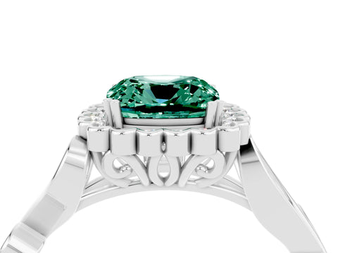 White gold Cushion Cut Green Sapphire Halo Ring with Vintage Split Shank and Four-Prong Setting_28