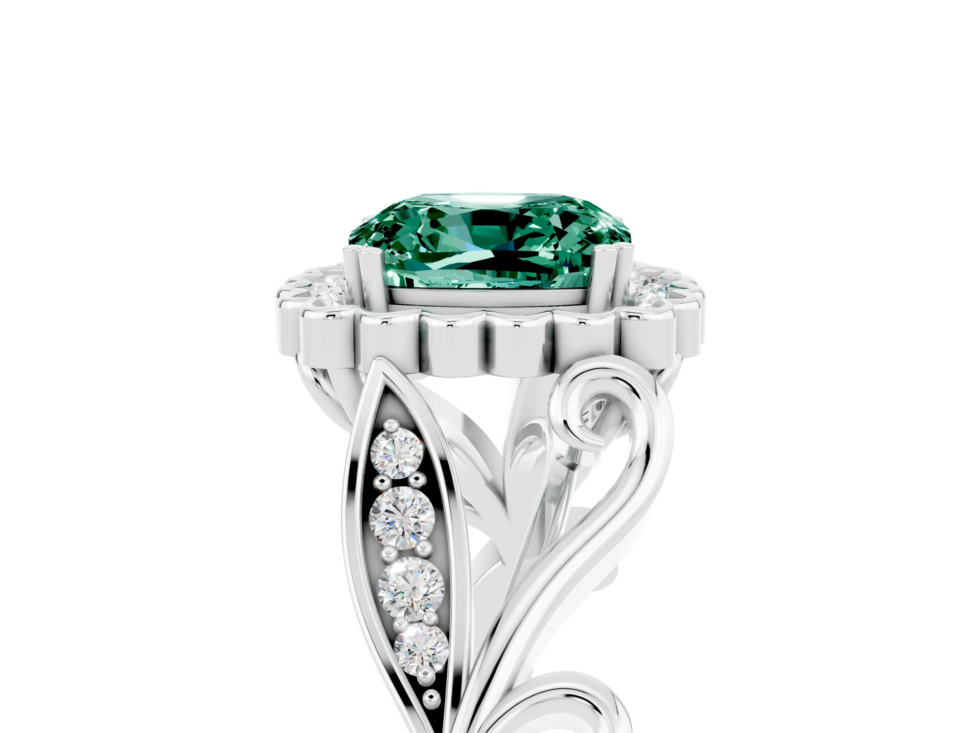 White gold Cushion Cut Green Sapphire Halo Ring with Vintage Split Shank and Four-Prong Setting_29