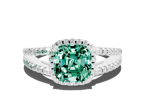 Platinum Cushion Cut Green Sapphire Halo Split Shank Engagement Ring
