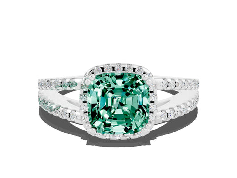 White gold Cushion Cut Green Sapphire Halo Split Shank Engagement Ring_12