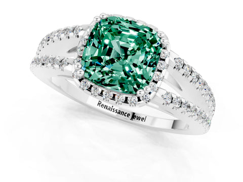 White gold Cushion Cut Green Sapphire Halo Split Shank Engagement Ring_13
