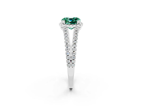 Platinum Cushion Cut Green Sapphire Halo Split Shank Engagement Ring