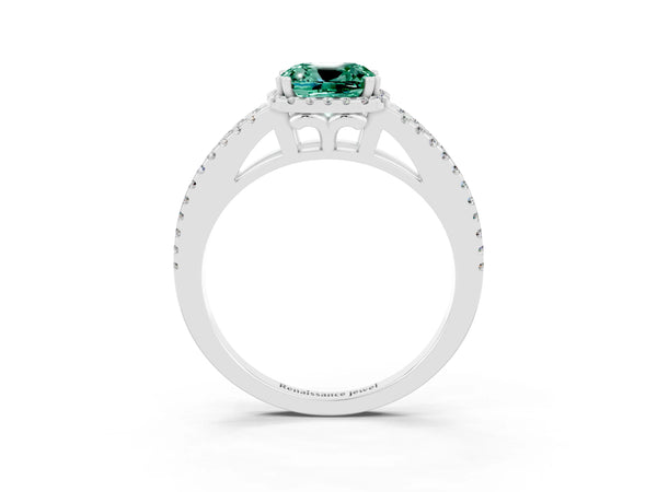 Silver Cushion Cut Green Sapphire Halo Split Shank Engagement Ring