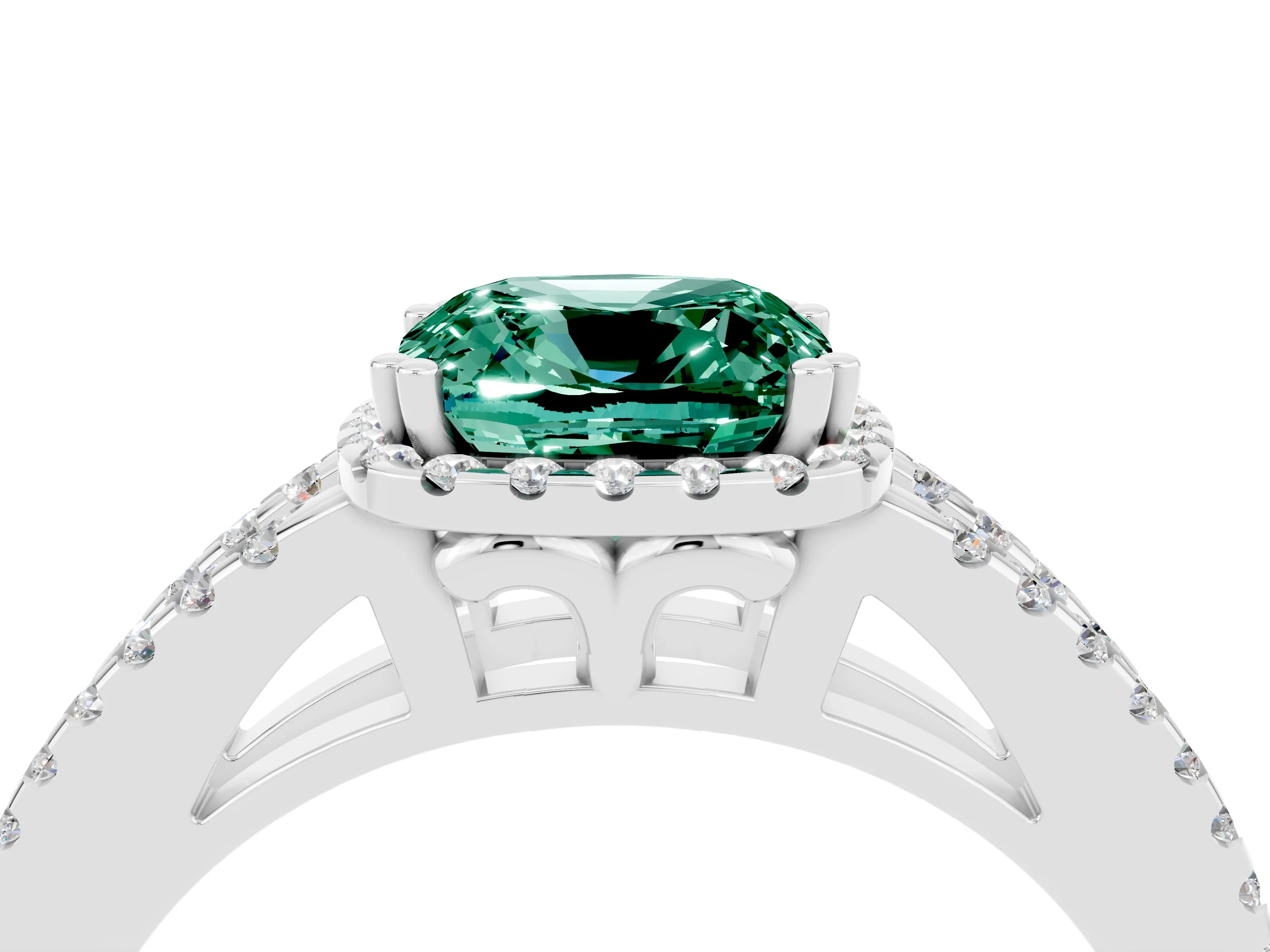 White gold Cushion Cut Green Sapphire Halo Split Shank Engagement Ring_16