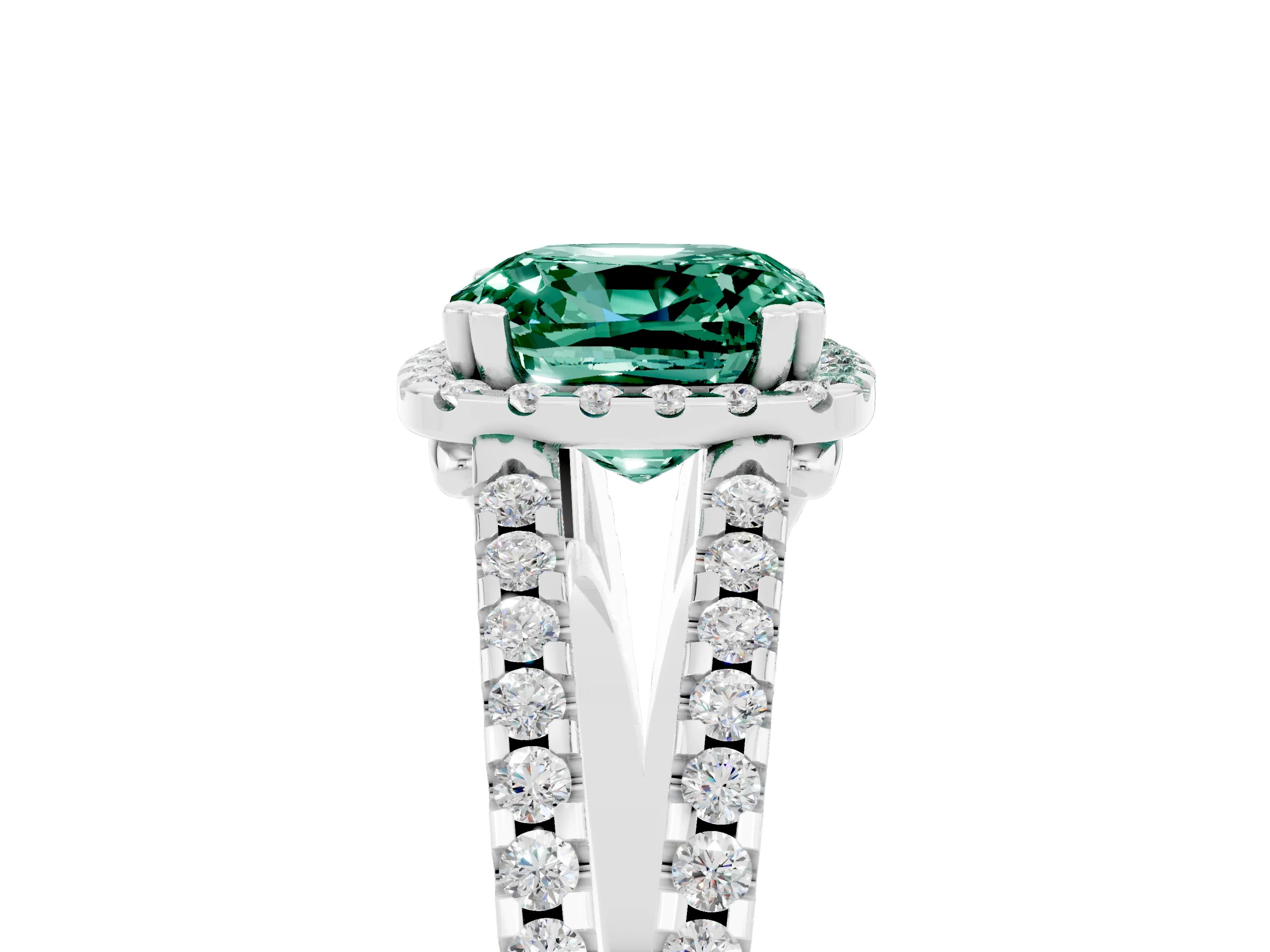 White gold Cushion Cut Green Sapphire Halo Split Shank Engagement Ring_17