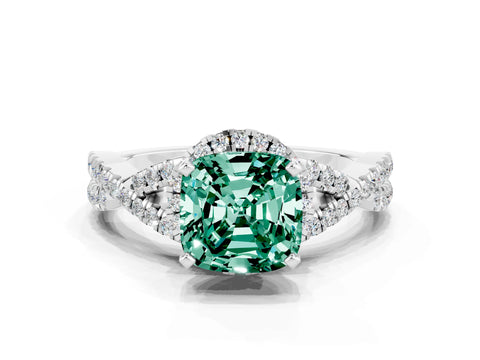 White gold Cushion Cut Green Sapphire Halo Twist Band Solitaire Prong Setting Ring