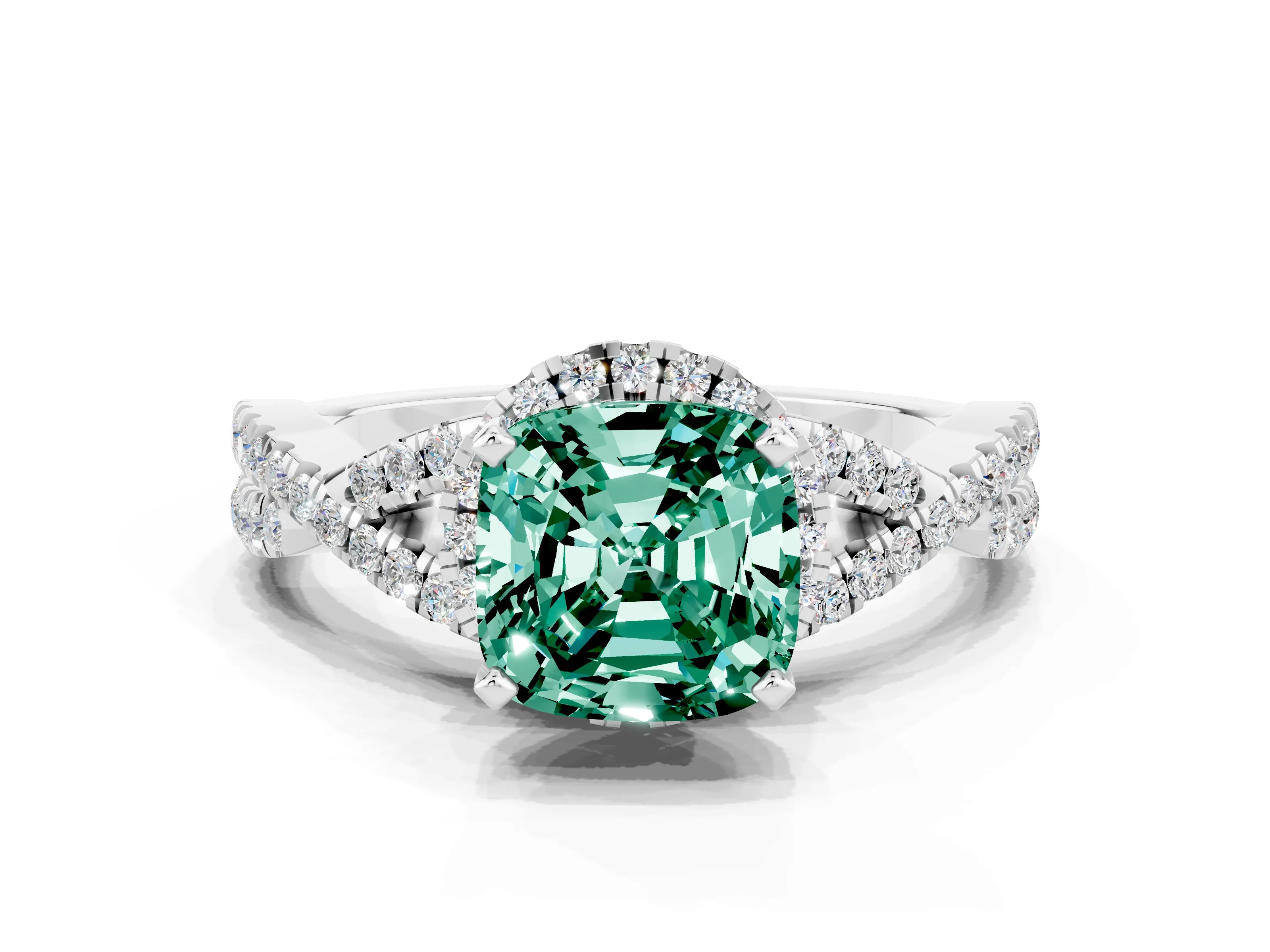 White gold Cushion Cut Green Sapphire Halo Twist Band Solitaire Prong Setting Ring