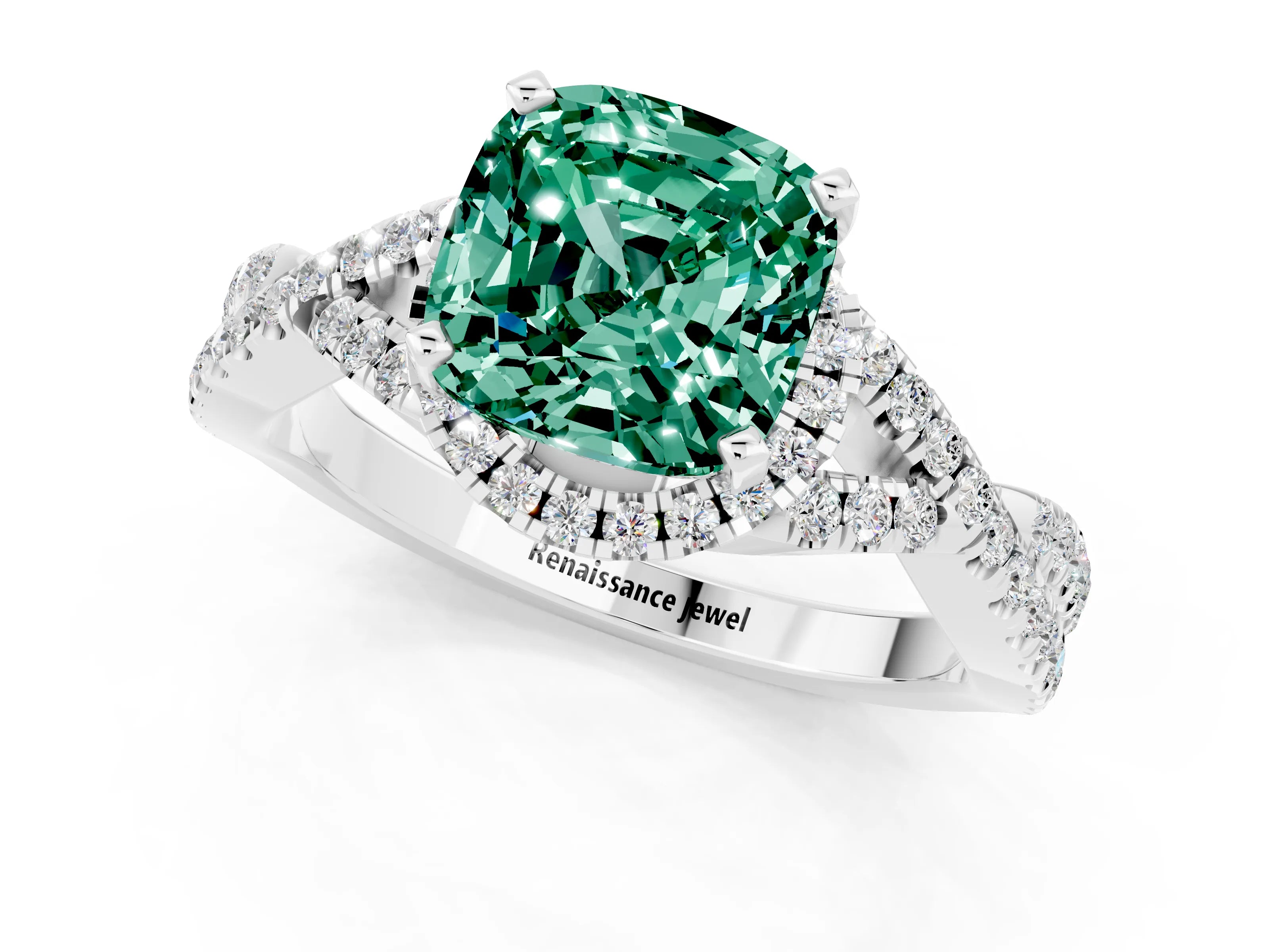White gold Cushion Cut Green Sapphire Halo Twist Band Solitaire Prong Setting Ring_1