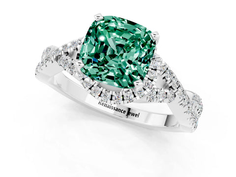 White gold Cushion Cut Green Sapphire Halo Twist Band Solitaire Prong Setting Ring_1