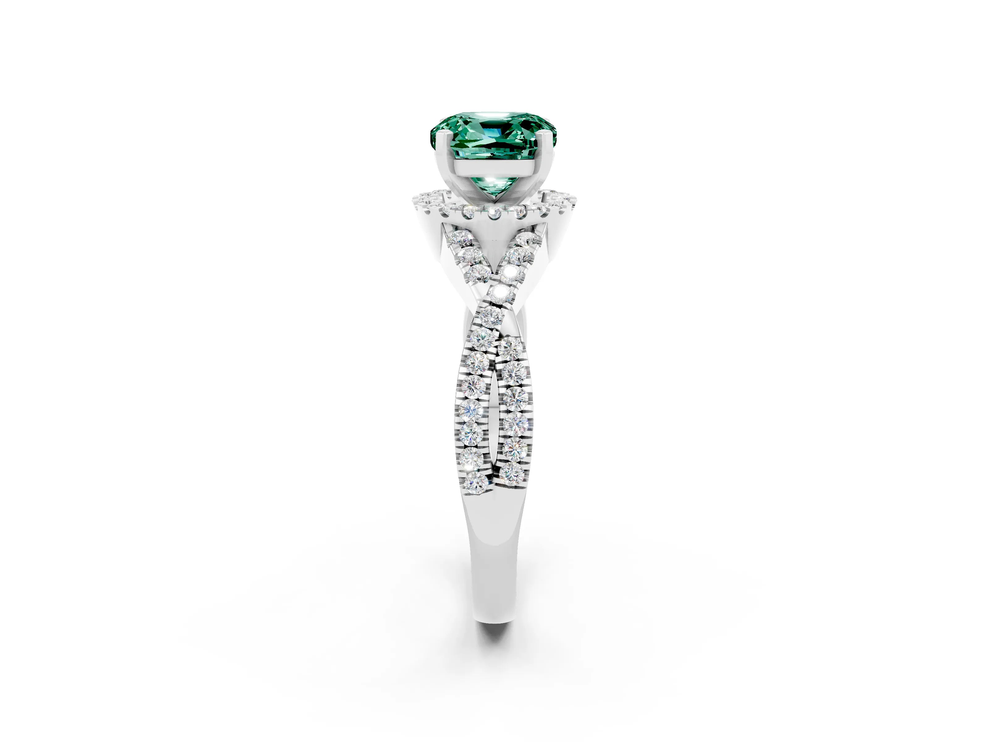 White gold Cushion Cut Green Sapphire Halo Twist Band Solitaire Prong Setting Ring_2