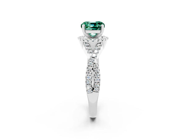 Platinum Cushion Cut Green Sapphire  Halo Twist Band Solitaire Prong Setting Ring