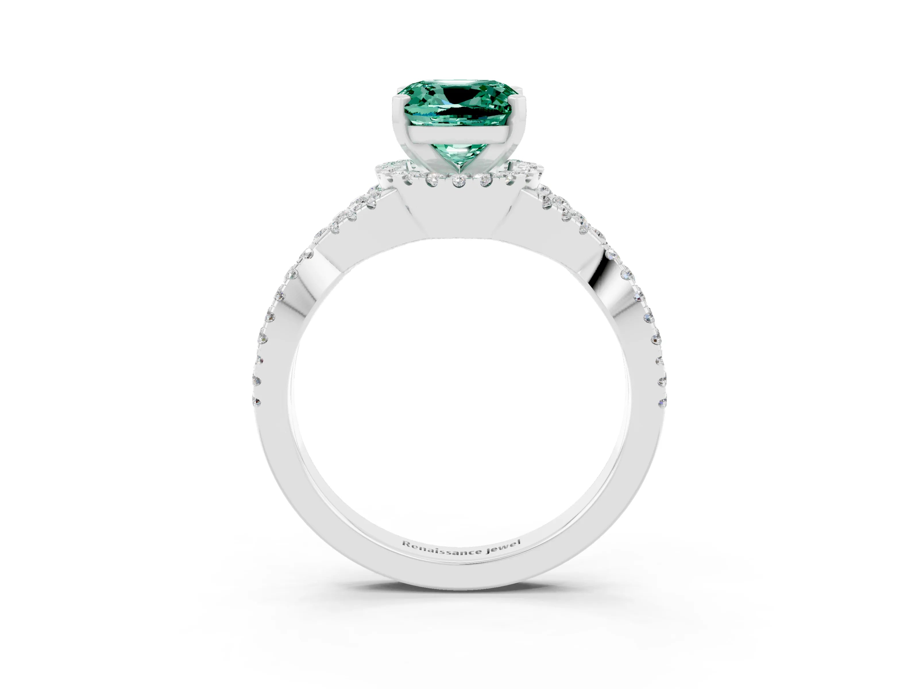 White gold Cushion Cut Green Sapphire Halo Twist Band Solitaire Prong Setting Ring_3