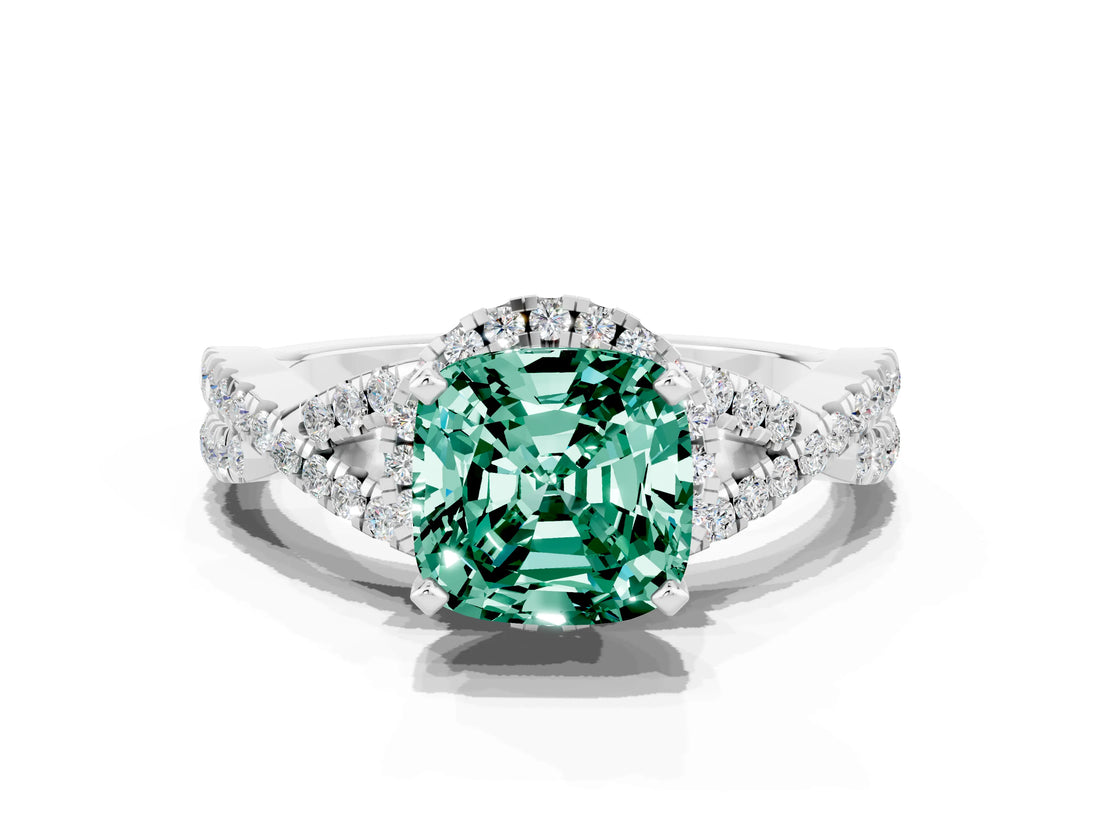 White gold Cushion Cut Green Sapphire  Halo Twist Band Solitaire Prong Setting Ring_54