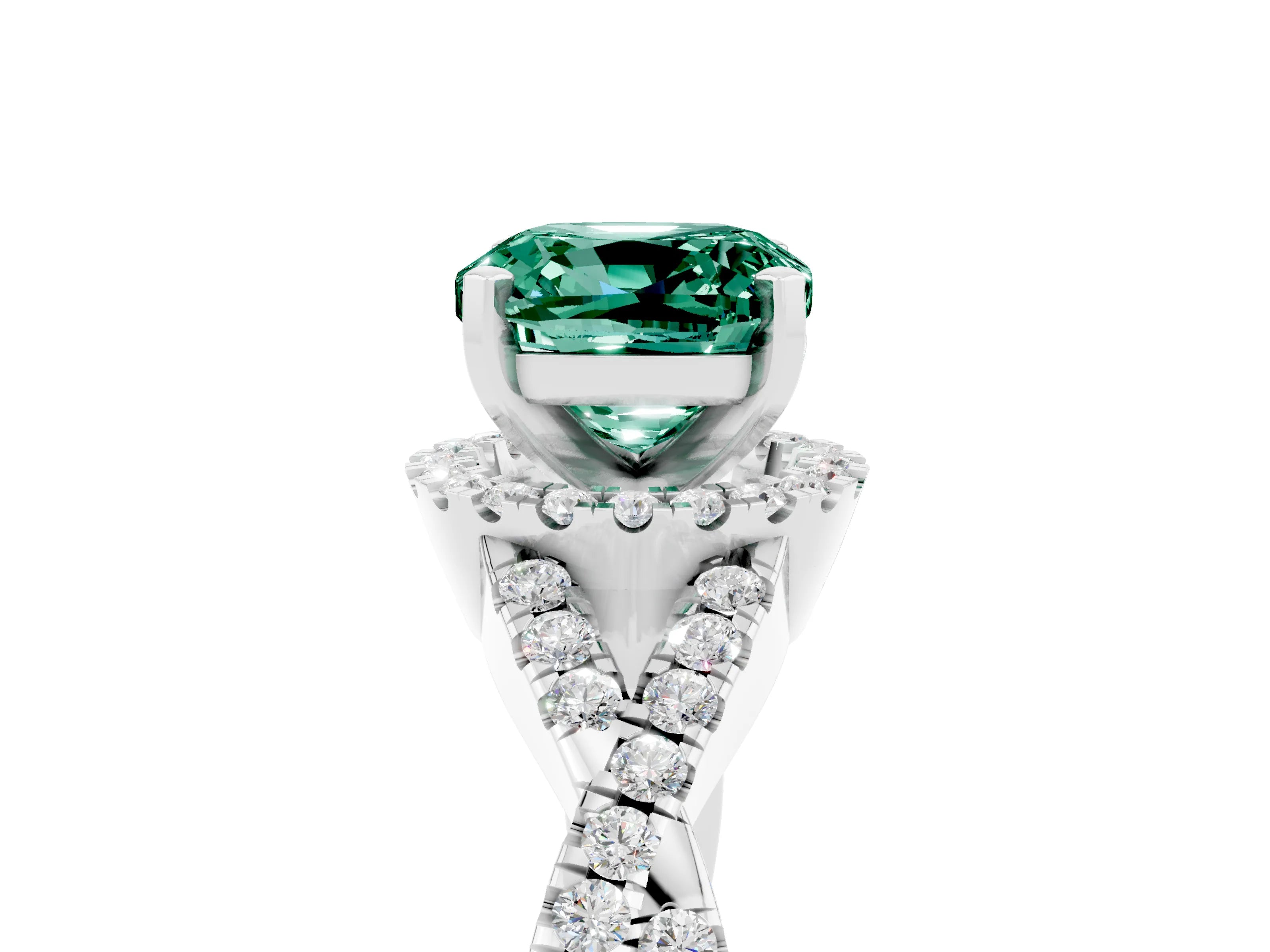 White gold Cushion Cut Green Sapphire Halo Twist Band Solitaire Prong Setting Ring_5