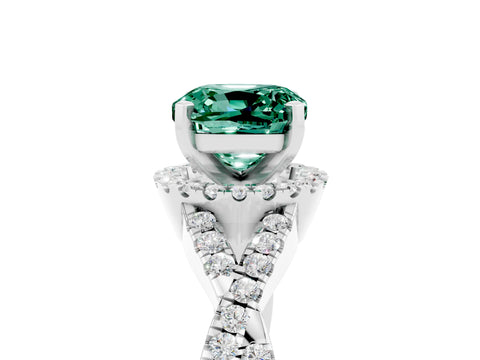White gold Cushion Cut Green Sapphire Halo Twist Band Solitaire Prong Setting Ring_5