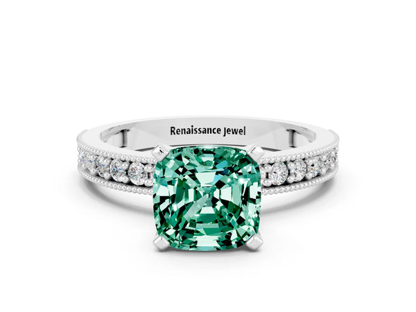 Platinum Cushion Cut Green Sapphire Milgrain Pavé Engagement Ring with Four-Prong Setting