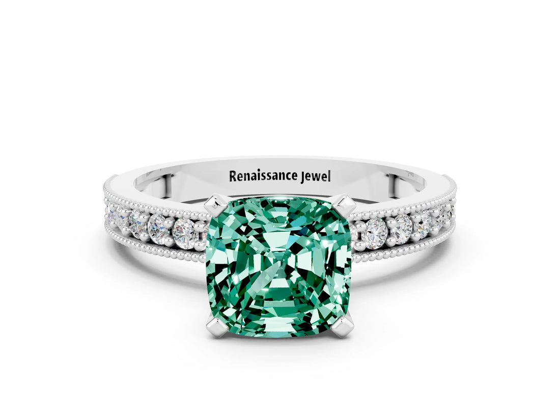 White gold Cushion Cut Green Sapphire Milgrain Pavé Engagement Ring with Four-Prong Setting_12
