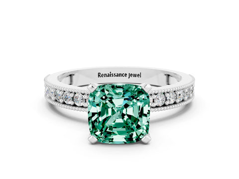 White gold Cushion Cut Green Sapphire Milgrain Pavé Engagement Ring with Four-Prong Setting_12