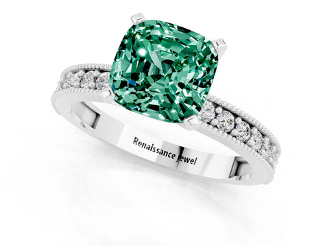 White gold Cushion Cut Green Sapphire Milgrain Pavé Engagement Ring with Four-Prong Setting_13