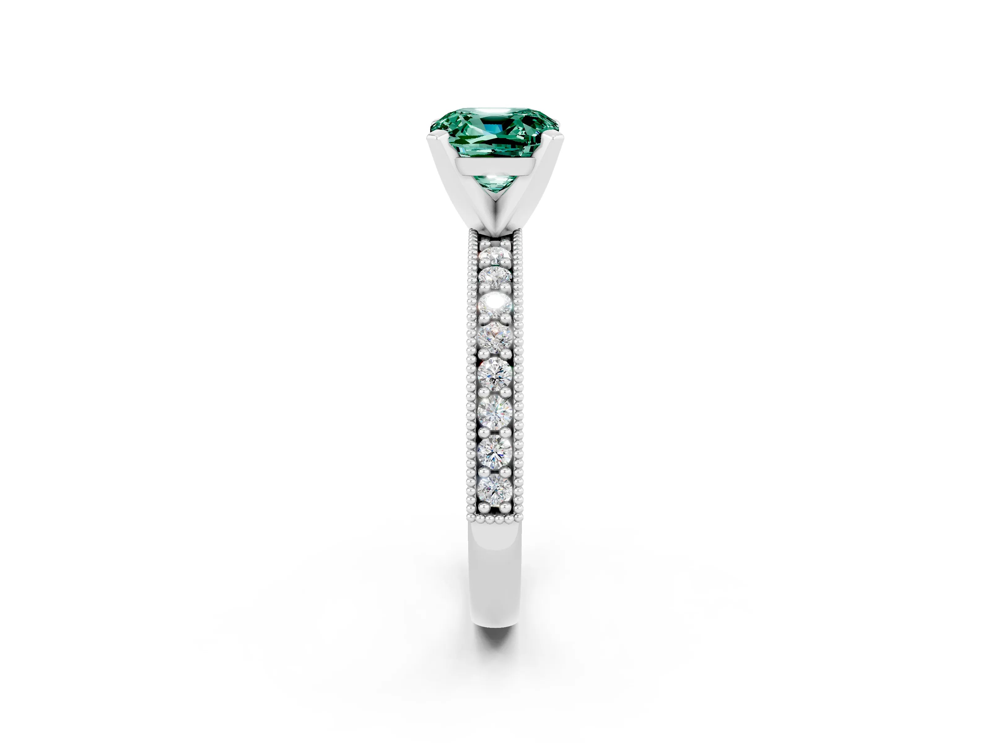 White gold Cushion Cut Green Sapphire Milgrain Pavé Engagement Ring with Four-Prong Setting_14