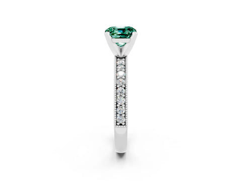 White gold Cushion Cut Green Sapphire Milgrain Pavé Engagement Ring with Four-Prong Setting_14