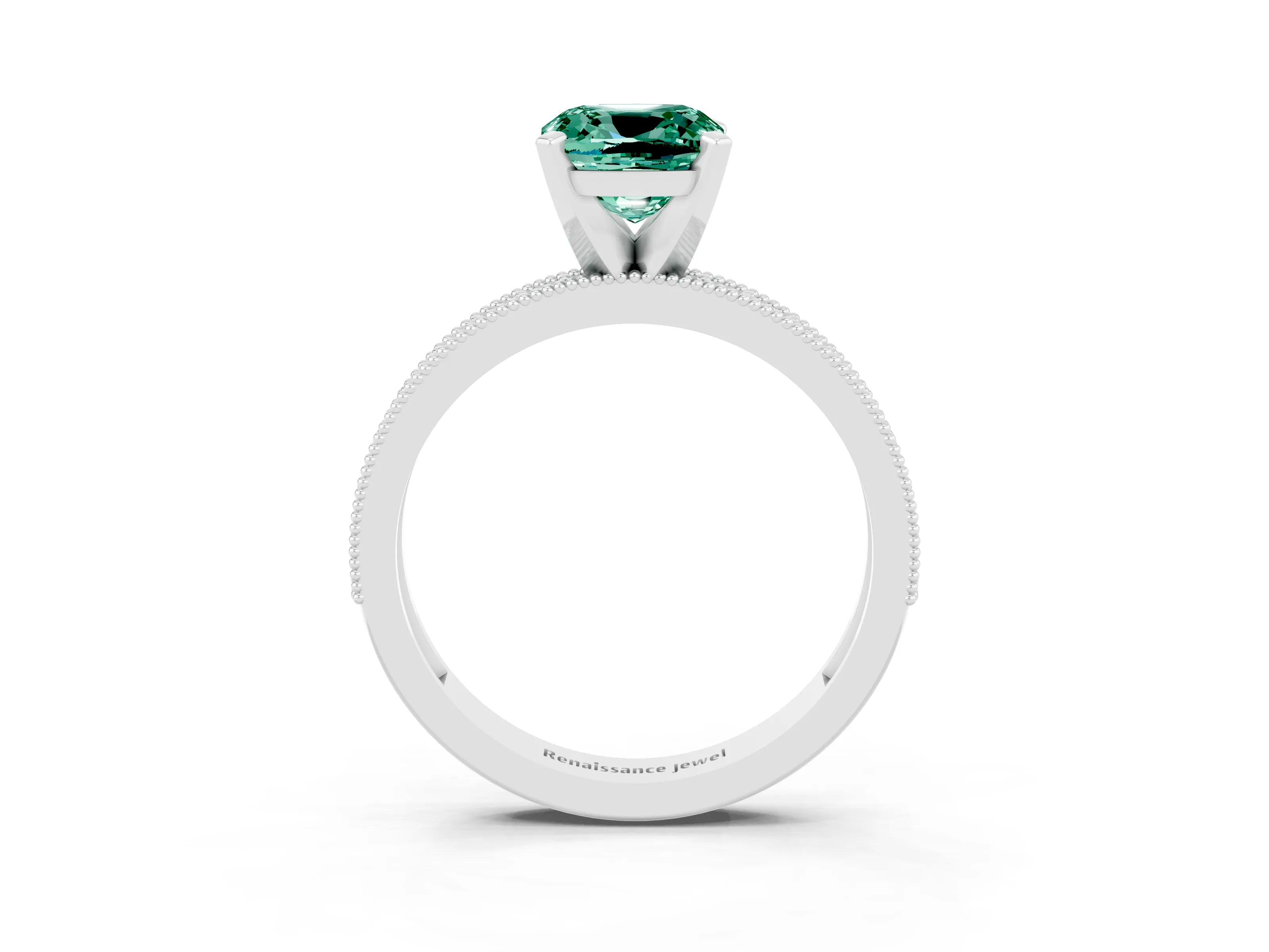 White gold Cushion Cut Green Sapphire Milgrain Pavé Engagement Ring with Four-Prong Setting_15