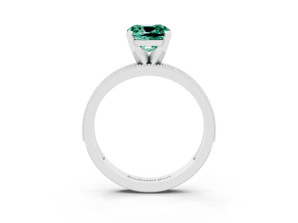 Silver Cushion Cut Green Sapphire Milgrain Pavé Engagement Ring with Four-Prong Setting