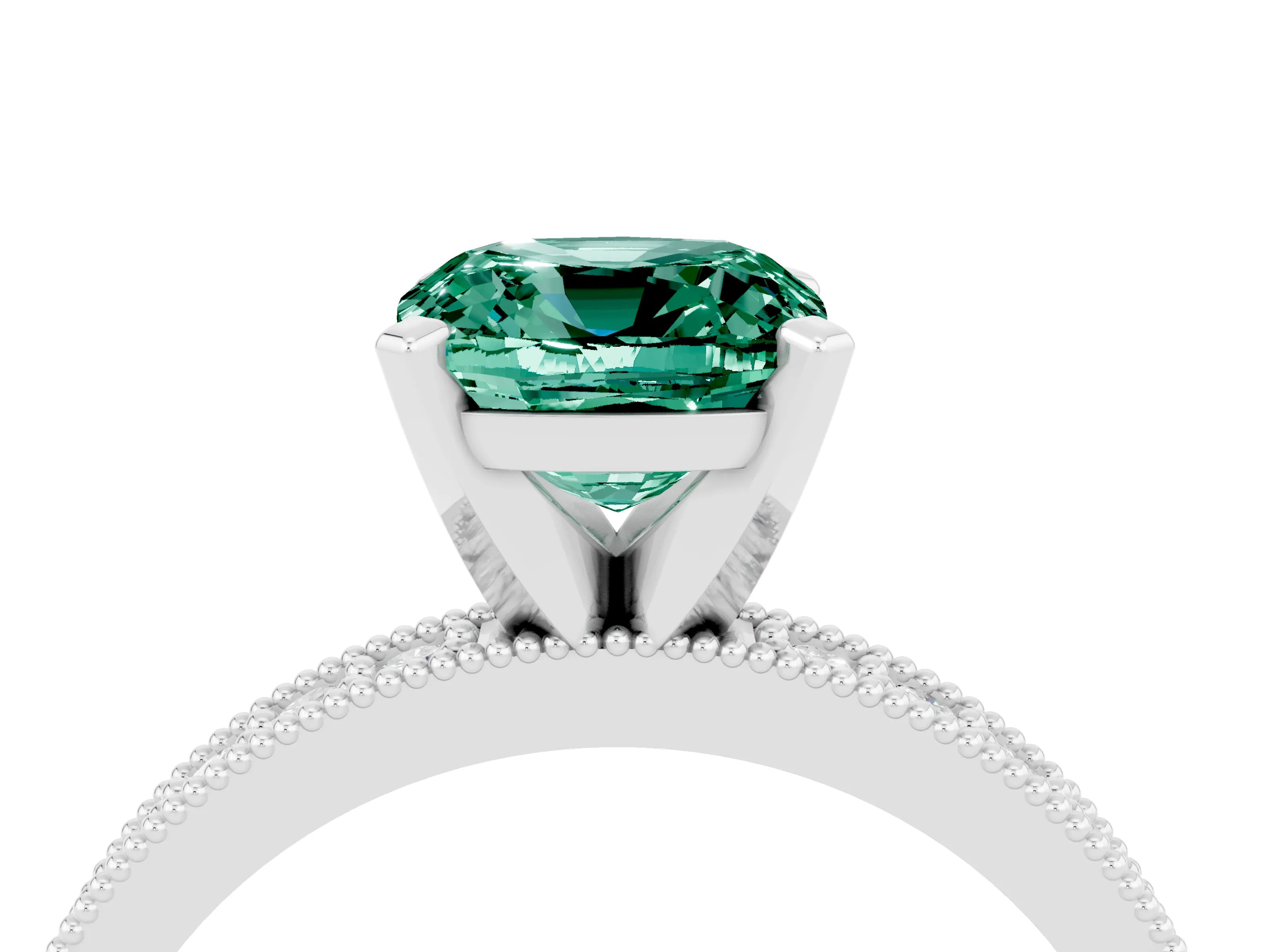 White gold Cushion Cut Green Sapphire Milgrain Pavé Engagement Ring with Four-Prong Setting_16