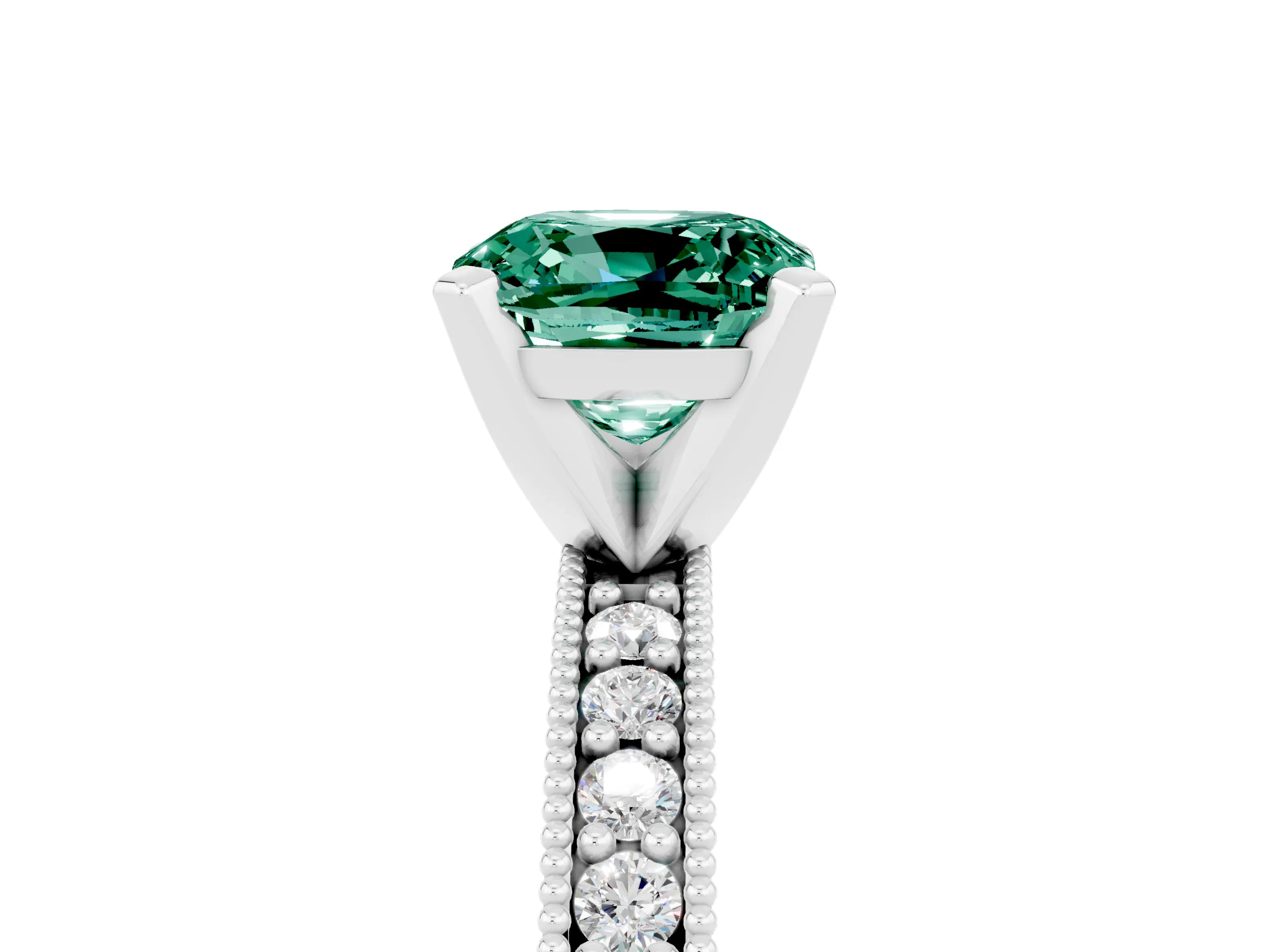 White gold Cushion Cut Green Sapphire Milgrain Pavé Engagement Ring with Four-Prong Setting_17