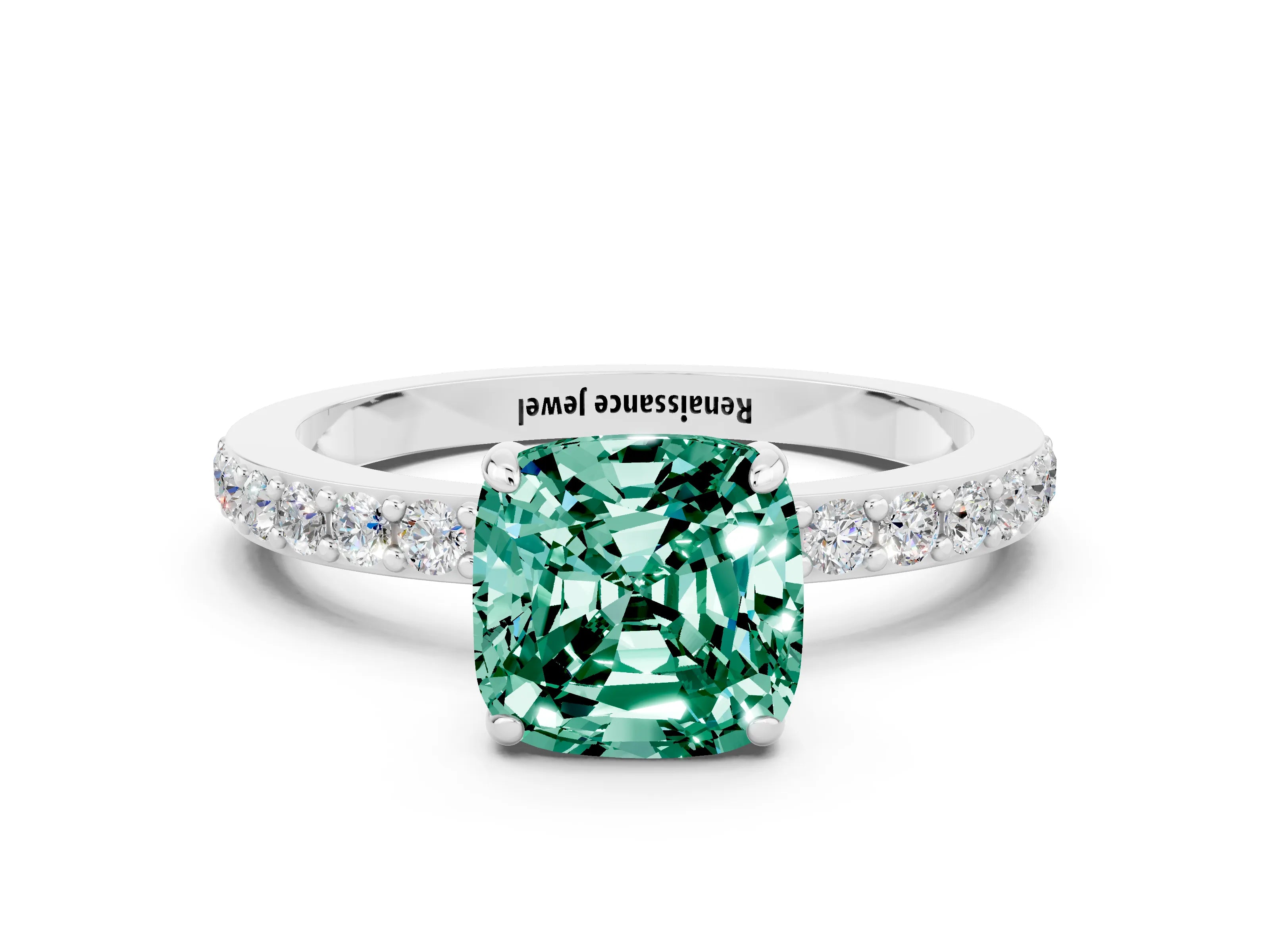White gold Cushion Cut Green Sapphire Pavé Engagement Ring with Round  Accents and Prong Setting_24