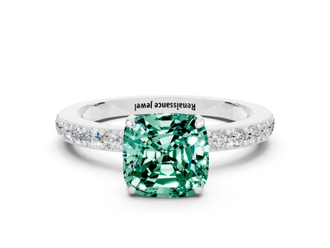 White gold Cushion Cut Green Sapphire Pavé Engagement Ring with Round  Accents and Prong Setting_24