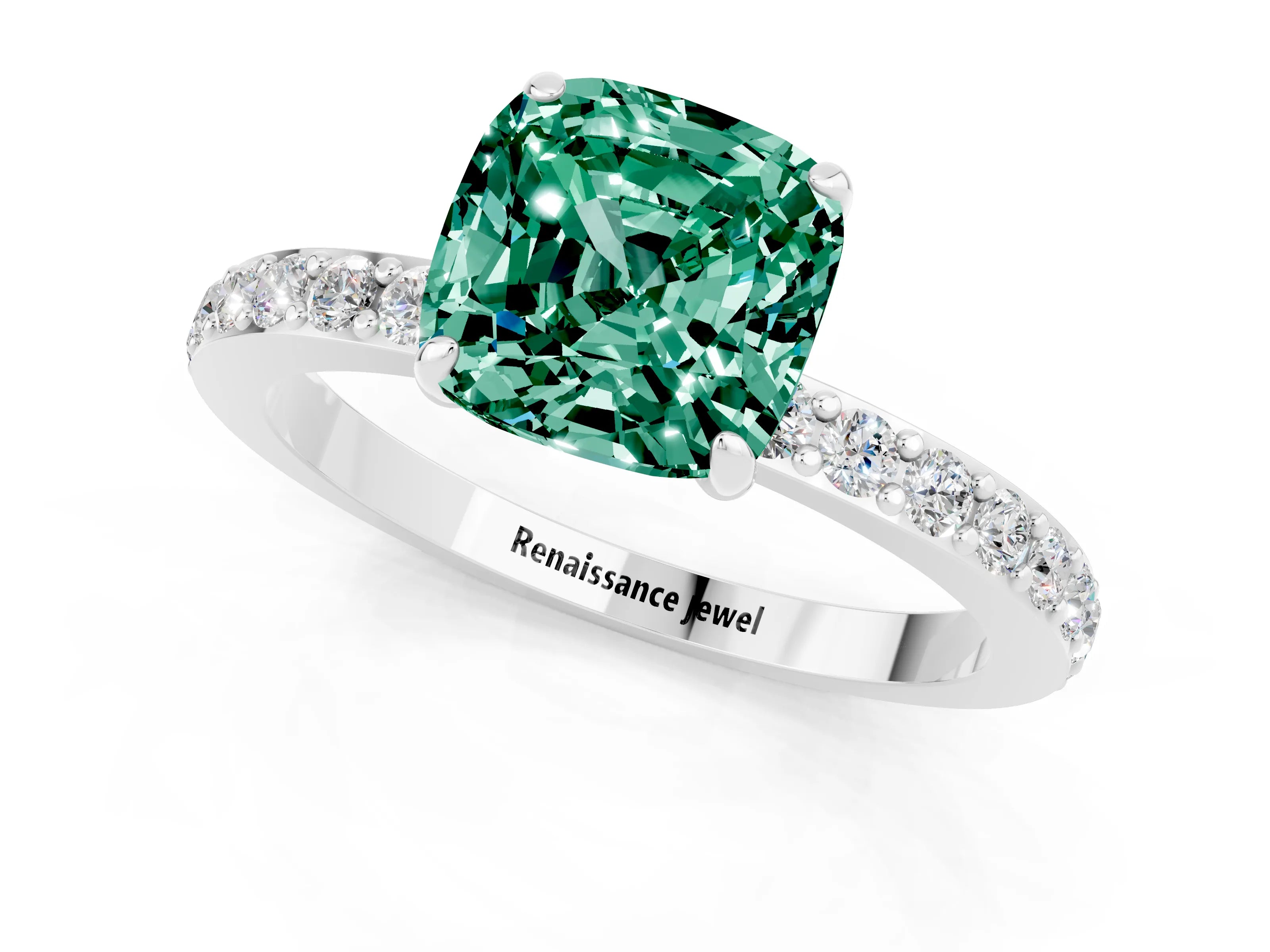White gold Cushion Cut Green Sapphire Pavé Engagement Ring with Round  Accents and Prong Setting_25