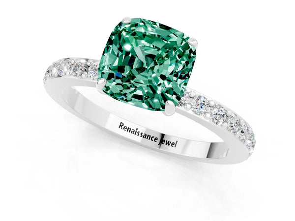 White gold Cushion Cut Green Sapphire Pavé Engagement Ring with Round  Accents and Prong Setting