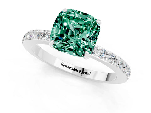 White gold Cushion Cut Green Sapphire Pavé Engagement Ring with Round  Accents and Prong Setting_25