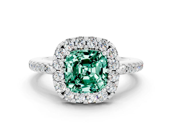 Platinum Cushion Cut Green Sapphire Pavé Halo Ring with Four-Prong Setting