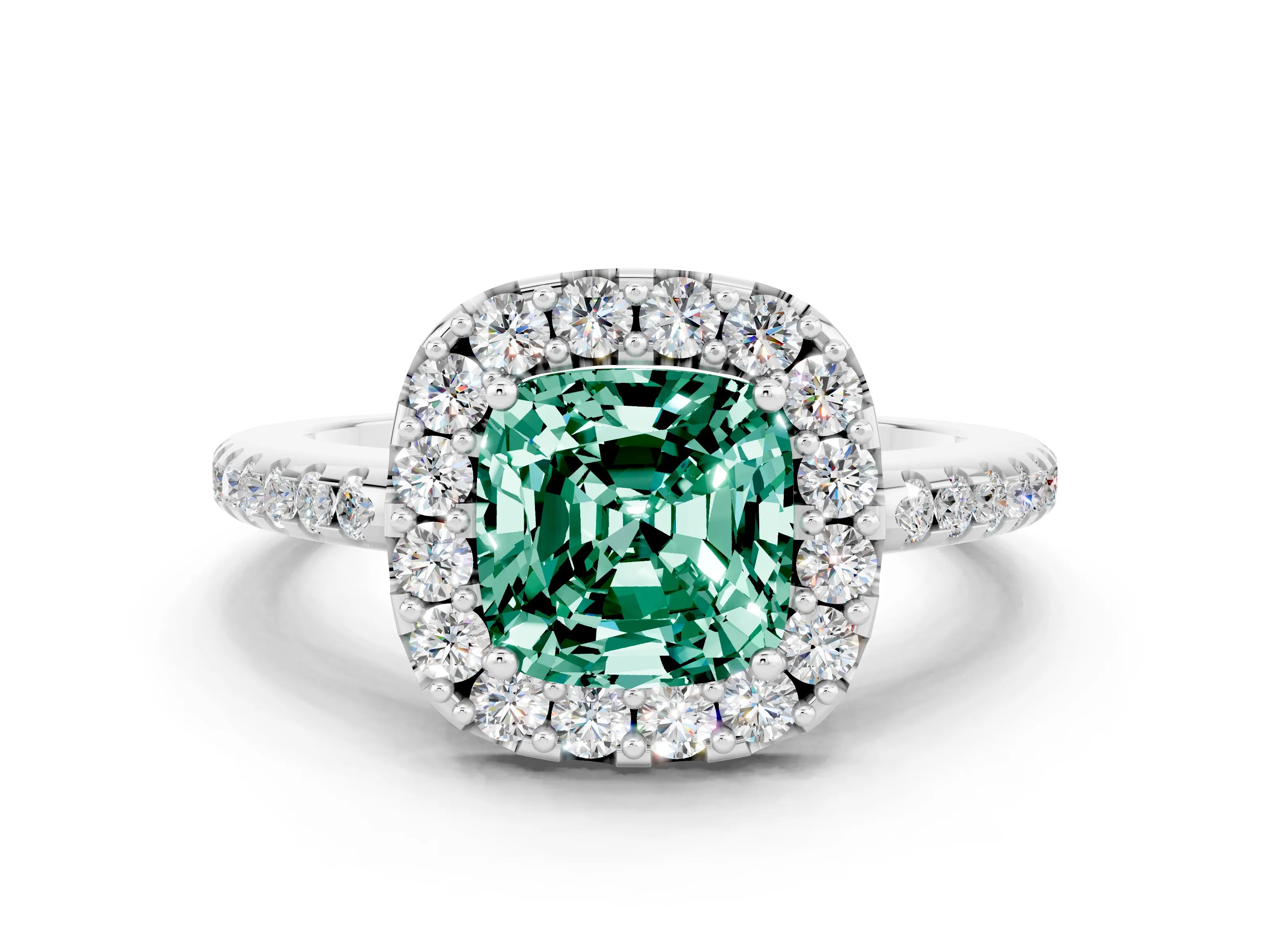 White gold Cushion Cut Green Sapphire Pavé Halo Ring with Four-Prong Setting_12