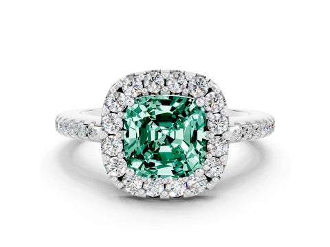 White gold Cushion Cut Green Sapphire Pavé Halo Ring with Four-Prong Setting_12
