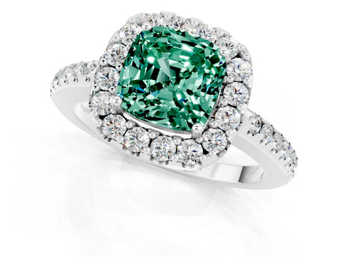 White gold Cushion Cut Green Sapphire Pavé Halo Ring with Four-Prong Setting_13