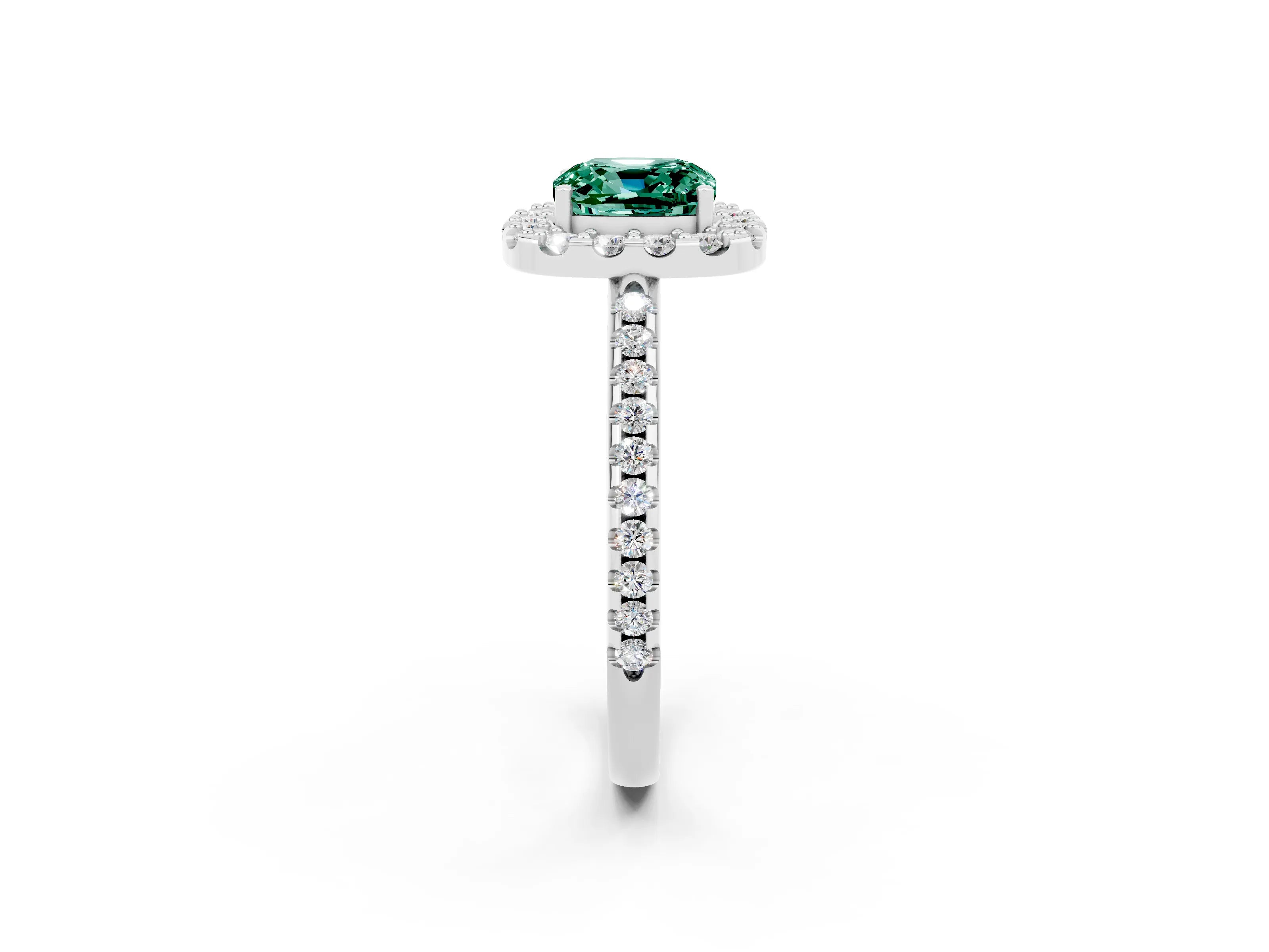 White gold Cushion Cut Green Sapphire Pavé Halo Ring with Four-Prong Setting_14