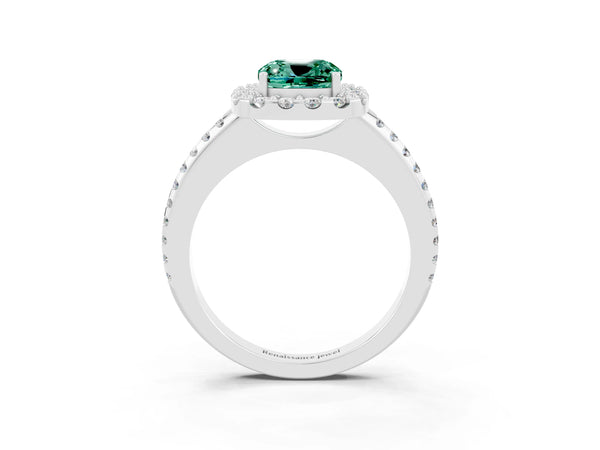 Platinum Cushion Cut Green Sapphire Pavé Halo Ring with Four-Prong Setting