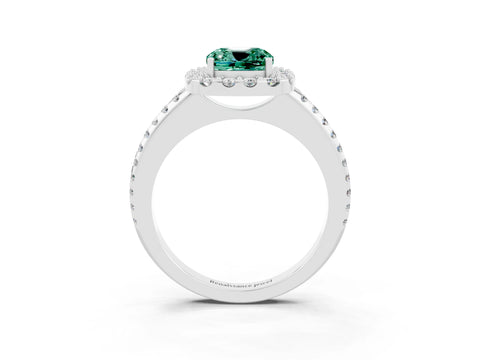 White gold Cushion Cut Green Sapphire Pavé Halo Ring with Four-Prong Setting_15