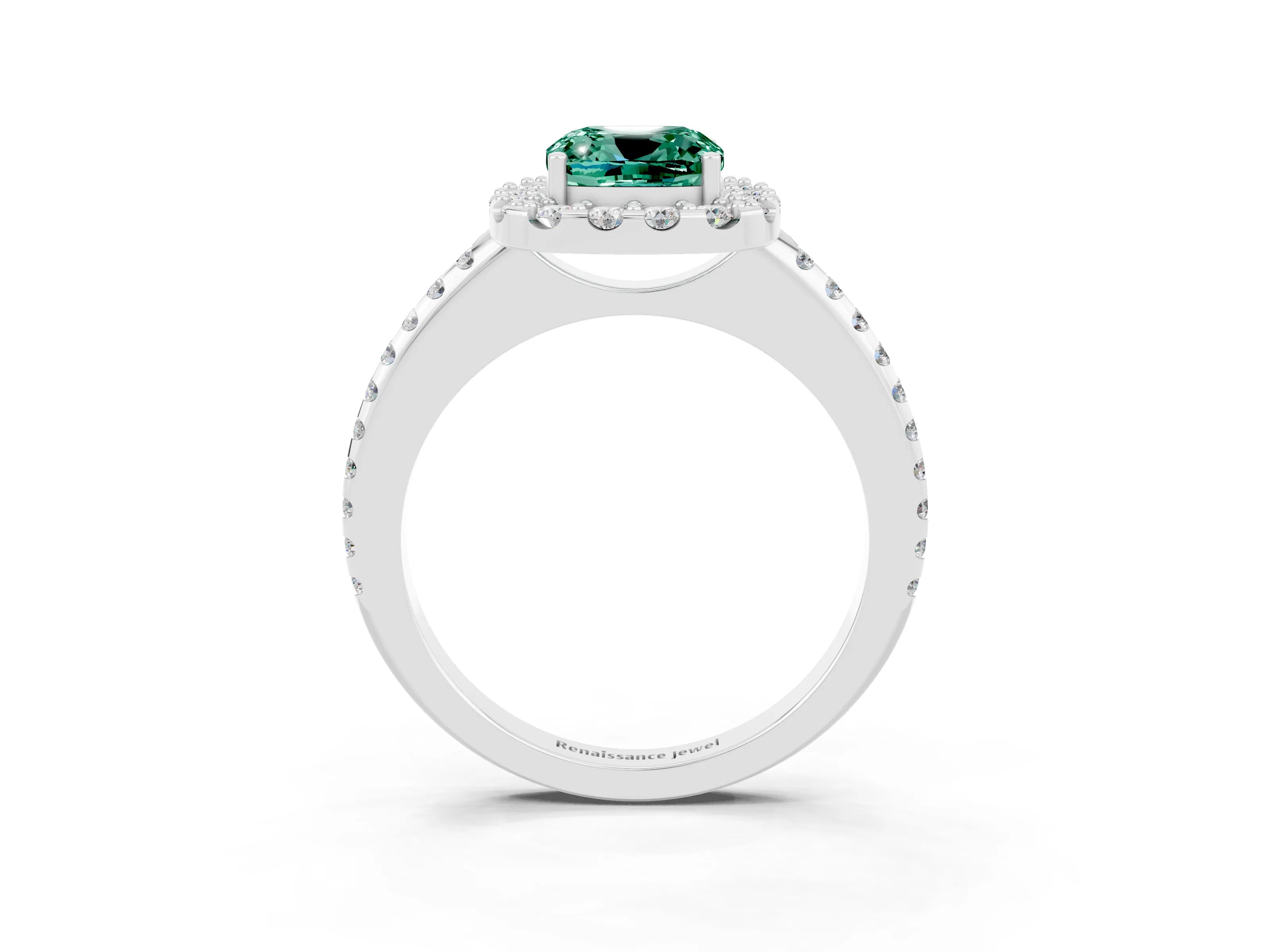 White gold Cushion Cut Green Sapphire Pavé Halo Ring with Four-Prong Setting_15