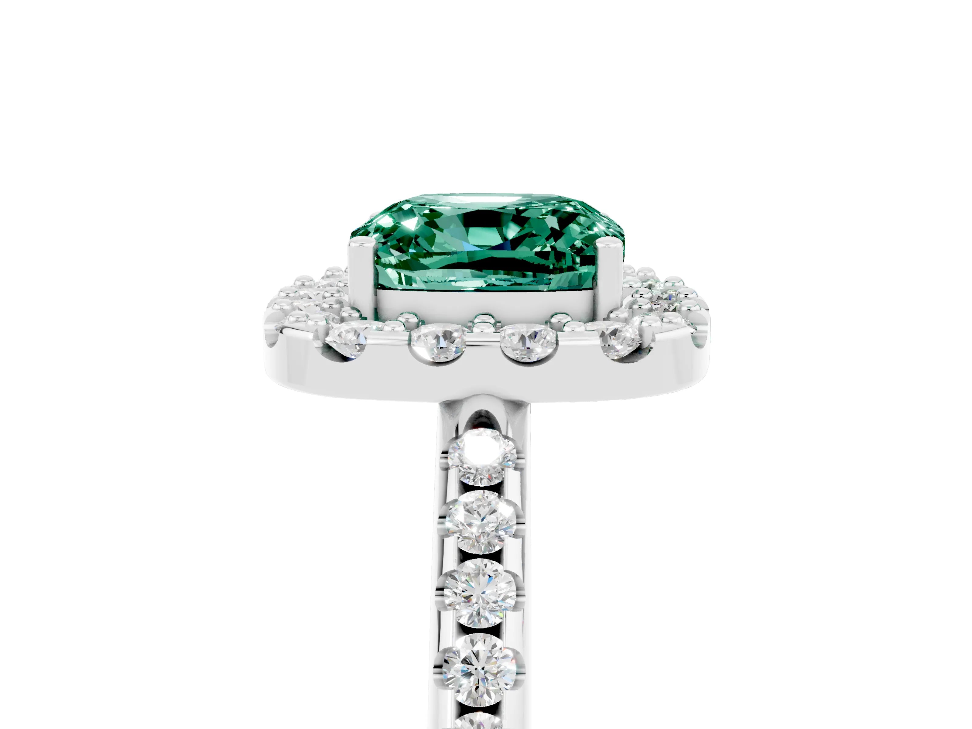 White gold Cushion Cut Green Sapphire Pavé Halo Ring with Four-Prong Setting_17