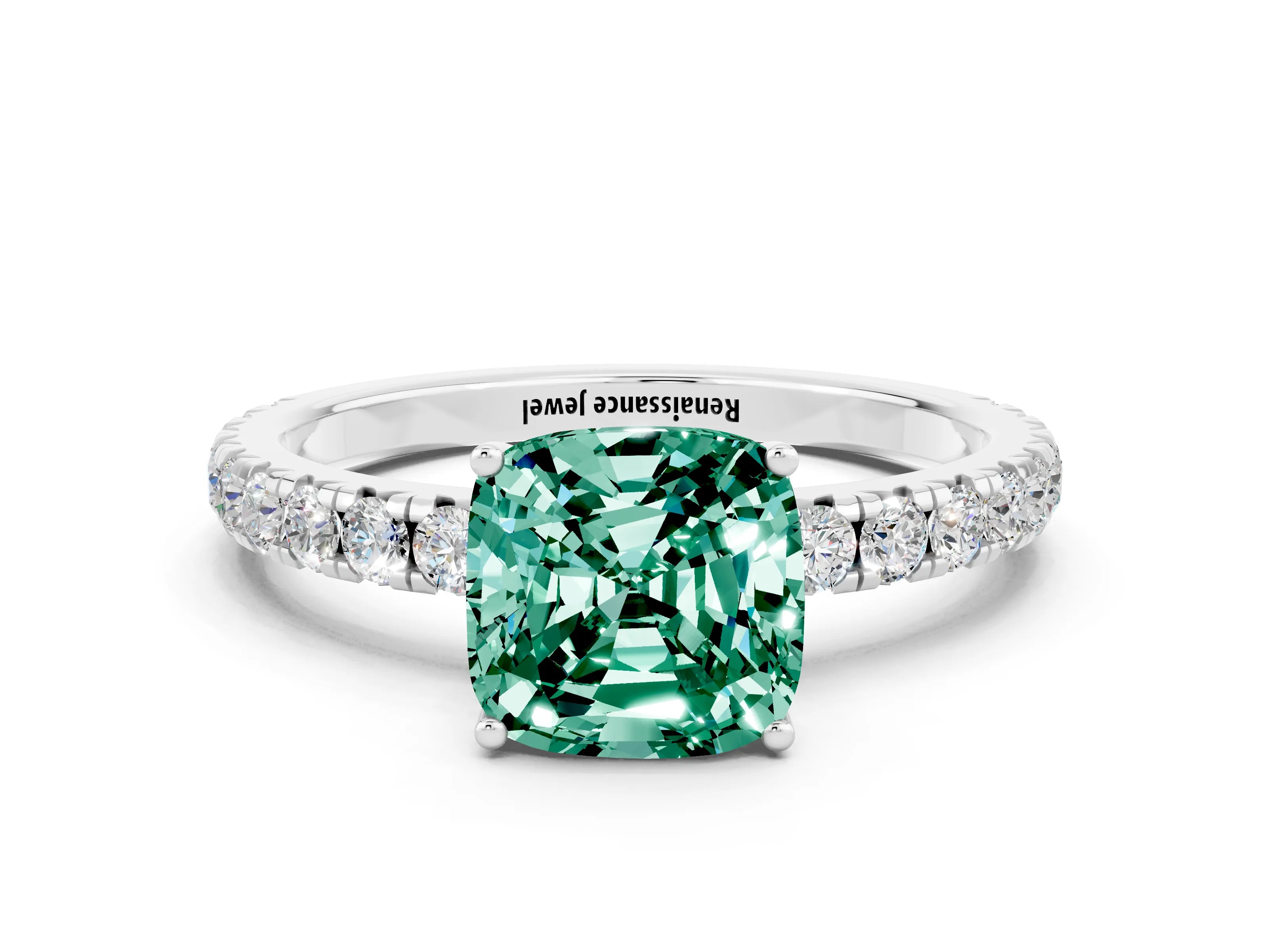 White gold Cushion Cut Green Sapphire Pavé Solitaire Engagement Ring with Four-Prong Setting_12